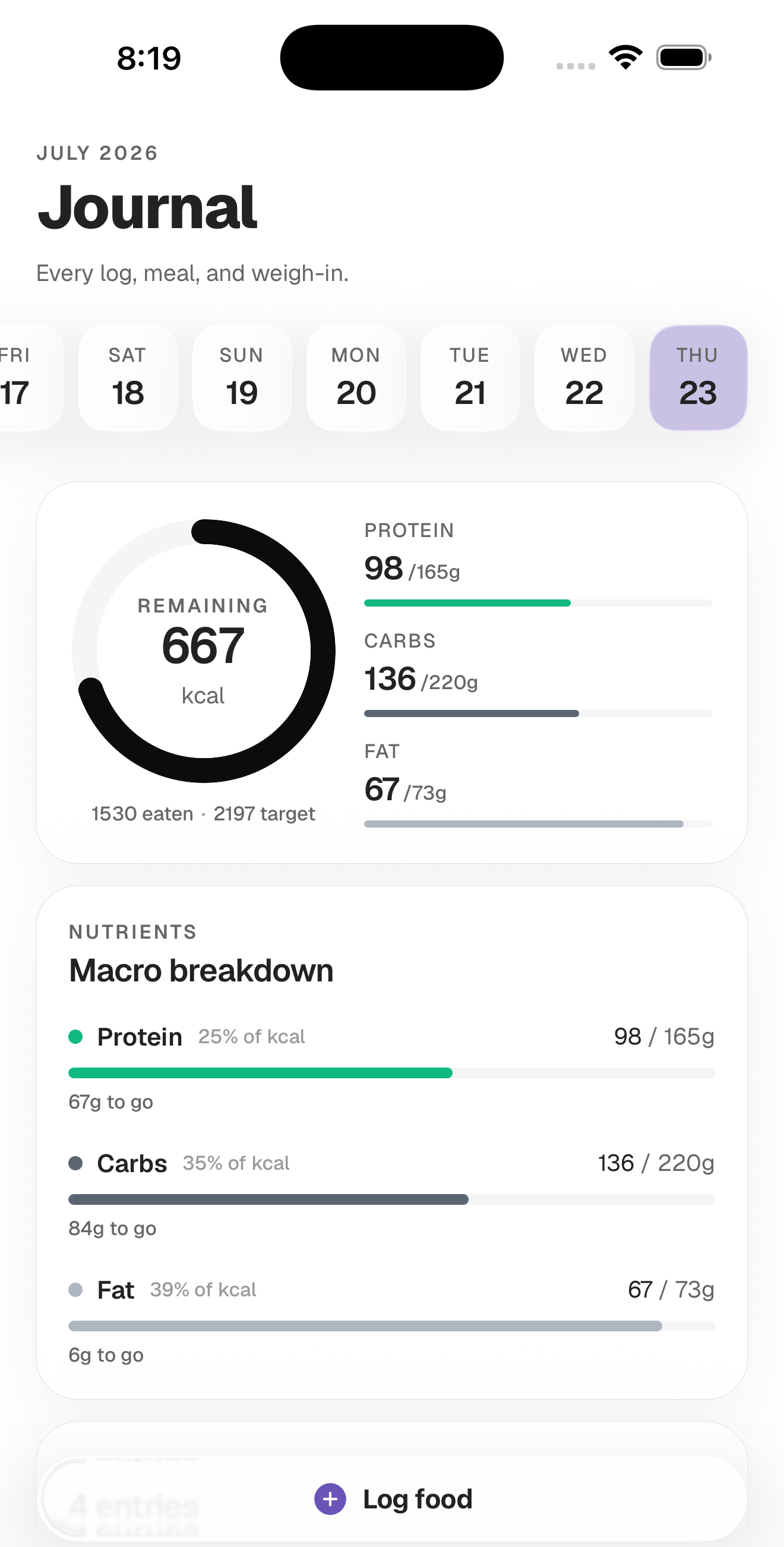 The Corvex Journal screen: a week-long day picker with Thursday 23 selected, the daily calorie ring, and a macro breakdown showing protein at 25% of intake, carbs 35% and fat 39%.