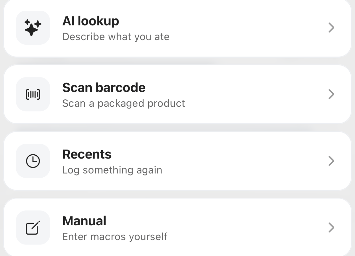 The Corvex log-food sheet: AI lookup to describe what you ate, scan barcode for a packaged product, recents to log something again, and manual macro entry.