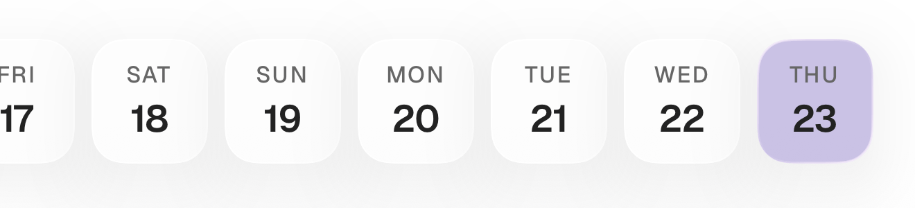 The Corvex journal day picker: a horizontal strip of days from Friday 17 through Thursday 23, with Thursday selected in lavender.